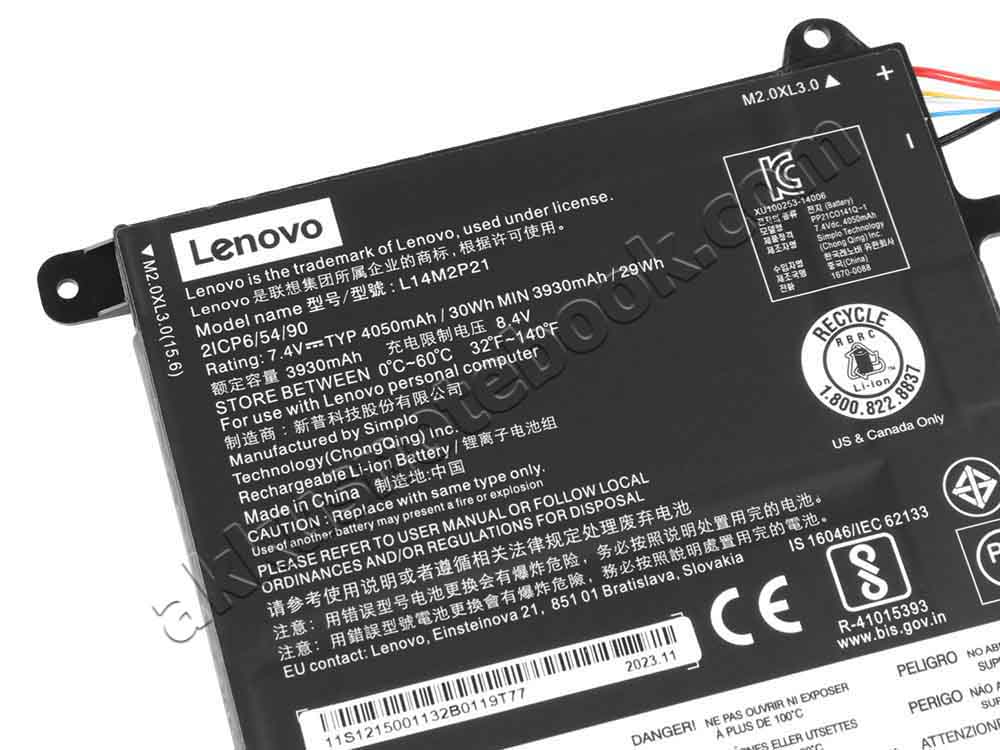 4050mAh 30Wh 2-Zellen Lenovo 5B10G78610 Akku